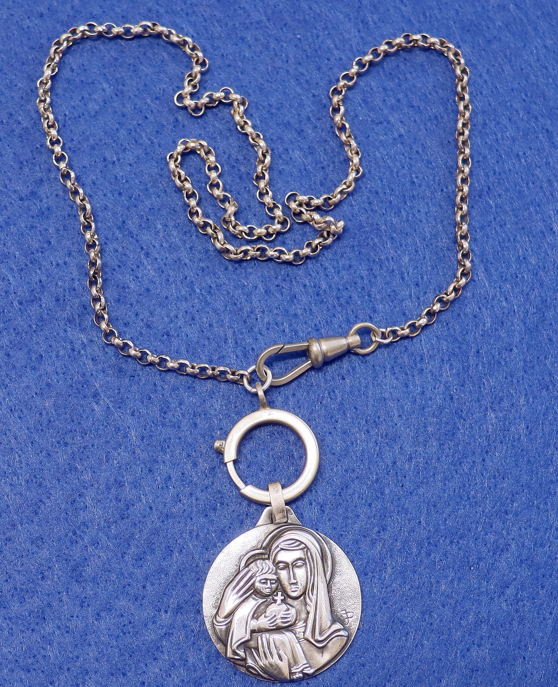 Large, Exceptional 3D High Relief Mary & Jesus Sterling Medal + Chain and Clasps XXR