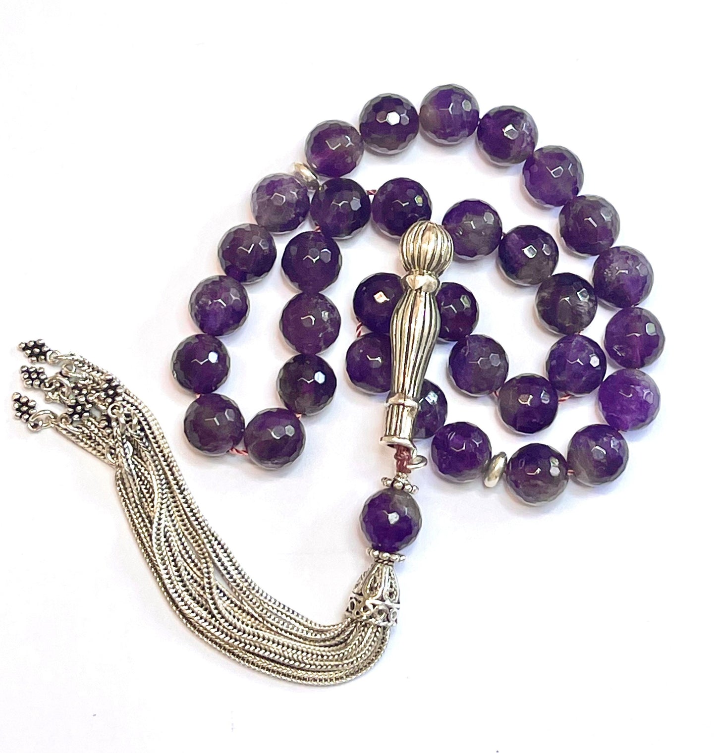 Amethyst Rosary Tasbih: Sterling Silver Tassel, Islamic Prayer Beads