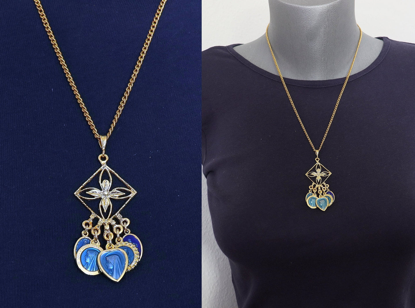 Unique Vermeil Chandelier Pendant, Vintage Blue Enameled Religious Medals, High-Quality Enamel, Gold-Plated Medals, 5 Mary Medals, Fix Chain