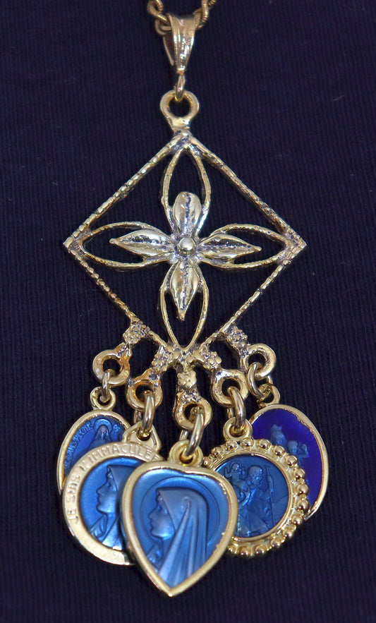 Unique Vermeil Chandelier Pendant, Vintage Blue Enameled Religious Medals, High-Quality Enamel, Gold-Plated Medals, 5 Mary Medals, Fix Chain