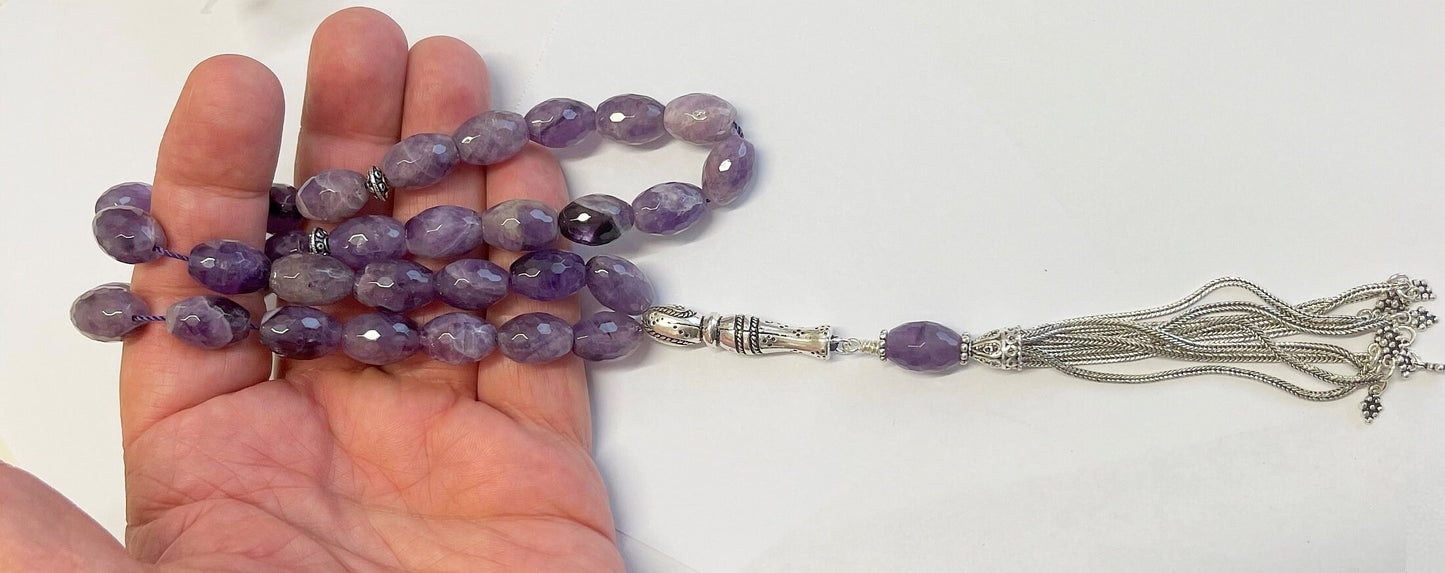 Luxury Prayer Beads RosaryTesbih AA Grade Faceted Oval Amethyst & Sterling - Rare Collector's