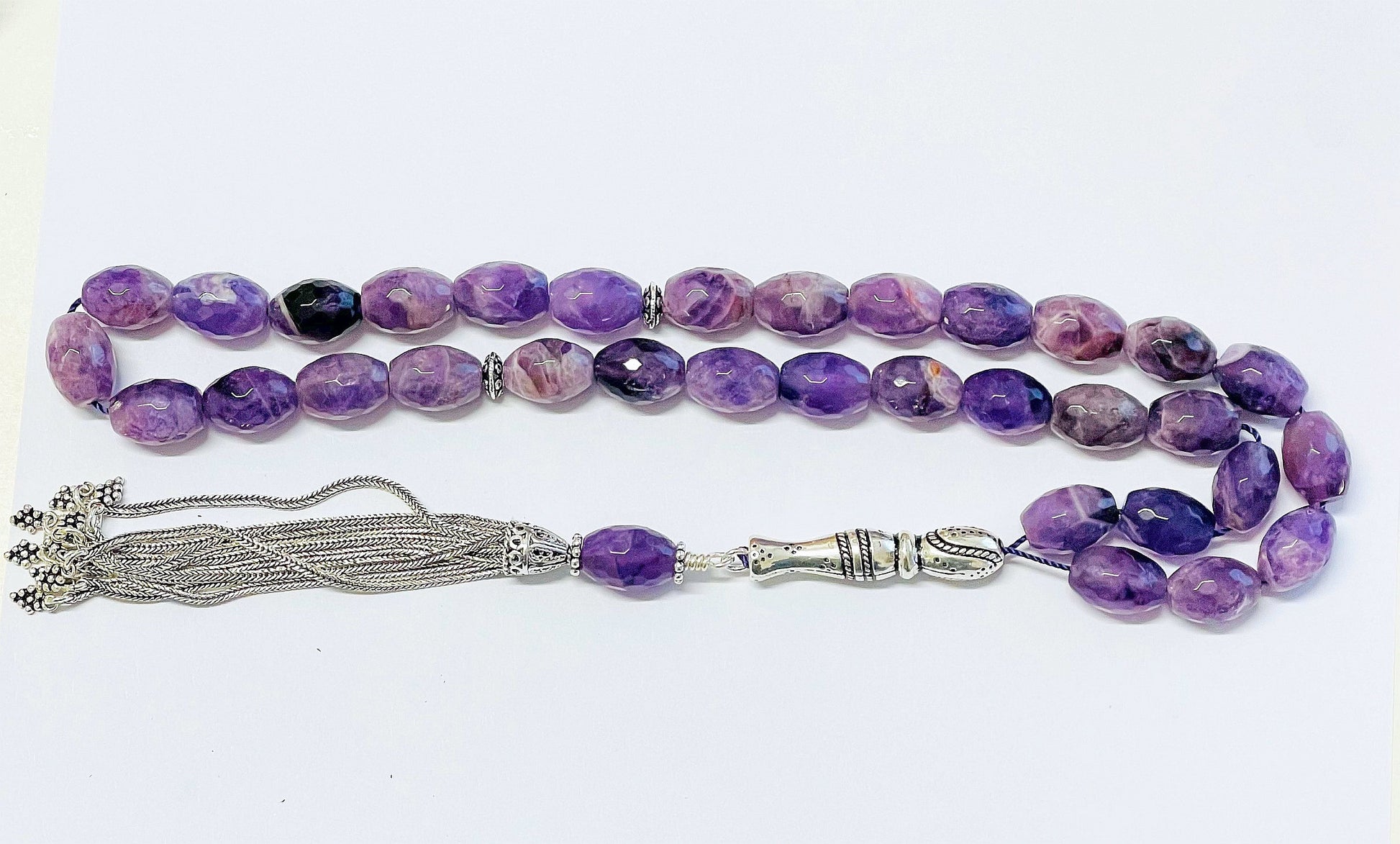 Luxury Prayer Beads RosaryTesbih AA Grade Faceted Oval Amethyst & Sterling - Rare Collector's