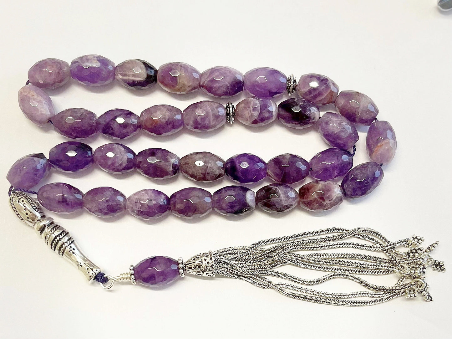 Luxury Prayer Beads RosaryTesbih AA Grade Faceted Oval Amethyst & Sterling - Rare Collector's