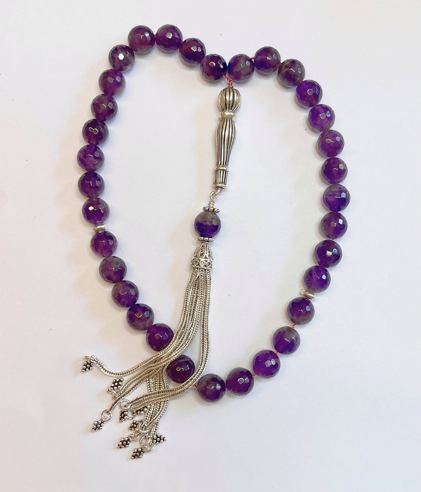 Amethyst Rosary Tasbih: Sterling Silver Tassel, Islamic Prayer Beads