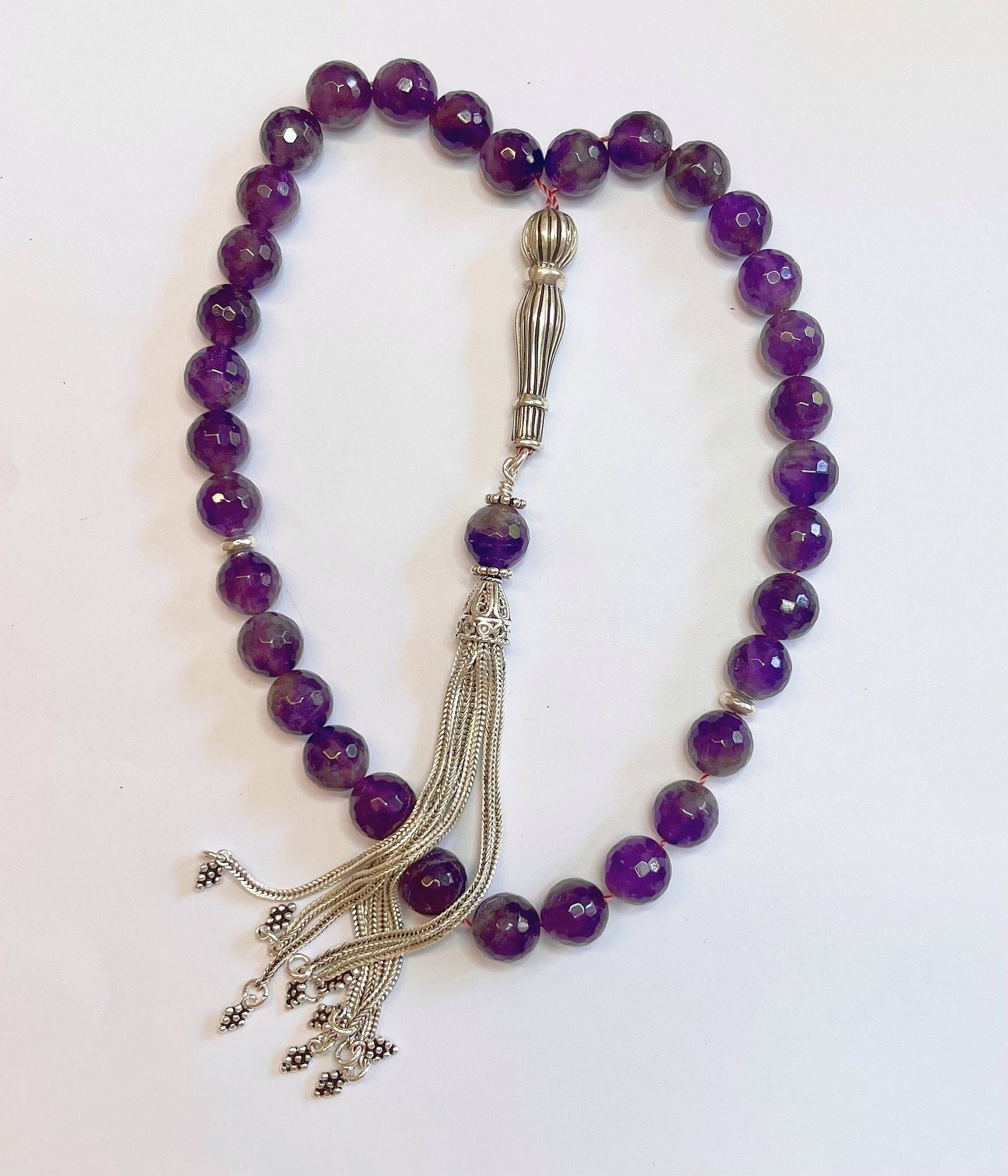 Amethyst Rosary Tasbih: Sterling Silver Tassel, Islamic Prayer Beads