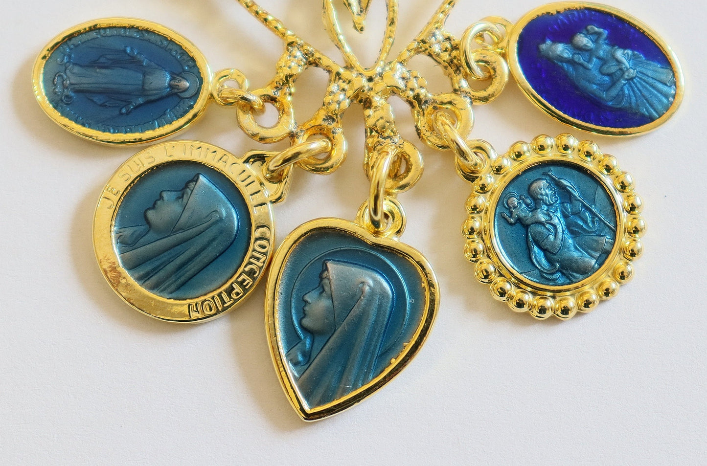 Unique Vermeil Chandelier Pendant, Vintage Blue Enameled Religious Medals, High-Quality Enamel, Gold-Plated Medals, 5 Mary Medals, Fix Chain