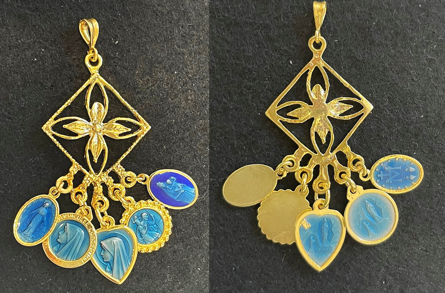Unique Vermeil Chandelier Pendant, Vintage Blue Enameled Religious Medals, High-Quality Enamel, Gold-Plated Medals, 5 Mary Medals, Fix Chain