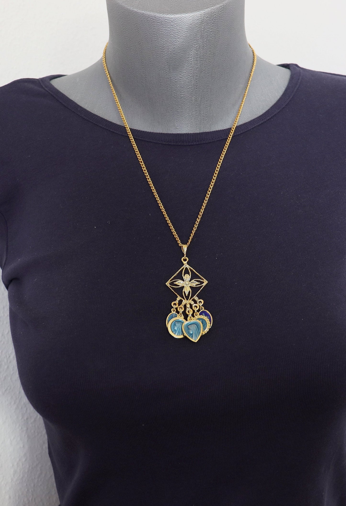 Vermeil Chandelier Pendant: Vintage Blue Enameled Religious Medals