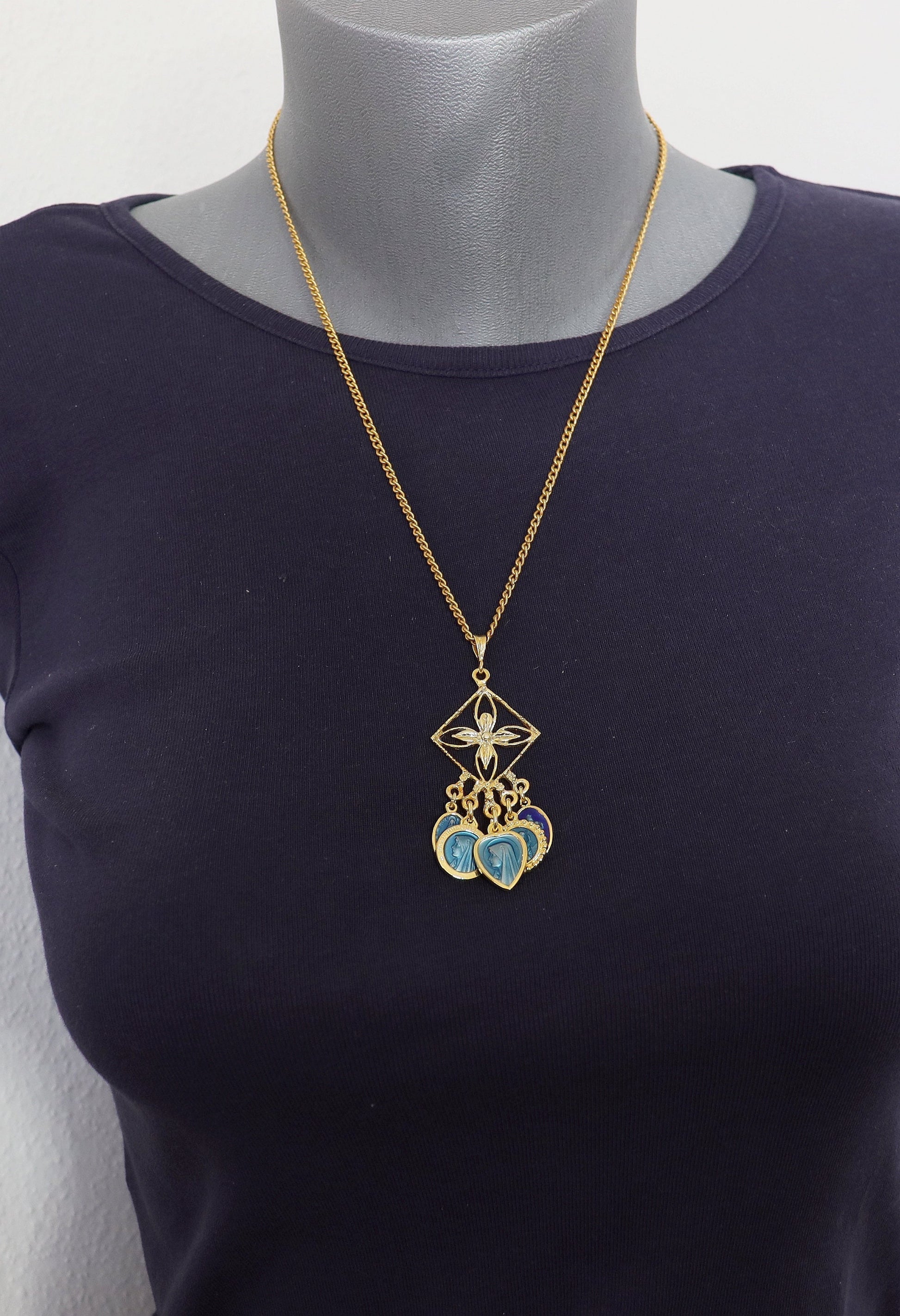 Unique Vermeil Chandelier Pendant, Vintage Blue Enameled Religious Medals, High-Quality Enamel, Gold-Plated Medals, 5 Mary Medals, Fix Chain