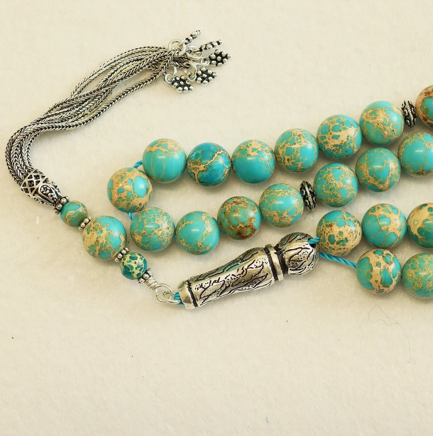 Prayer Beads Tesbih AA Grade Variscite & Sterling Silver -Top quality - Luxury Collector's item
