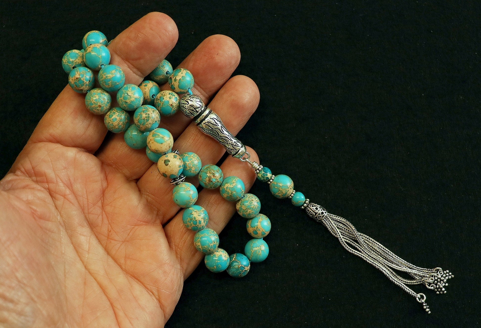 Prayer Beads Tesbih AA Grade Variscite & Sterling Silver -Top quality - Luxury Collector's item