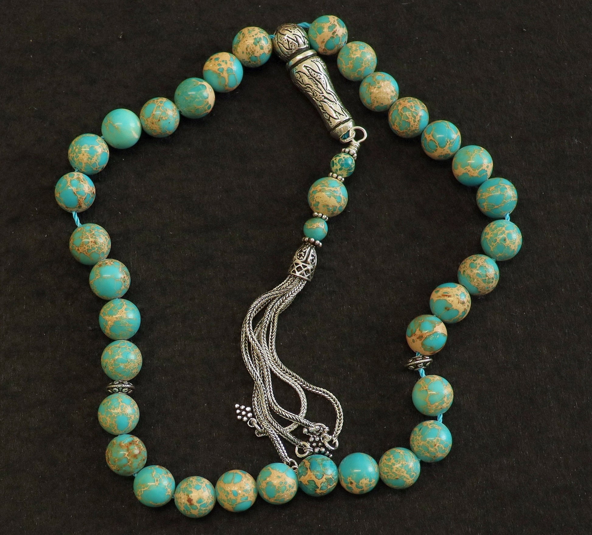 Prayer Beads Tesbih AA Grade Variscite & Sterling Silver -Top quality - Luxury Collector's item