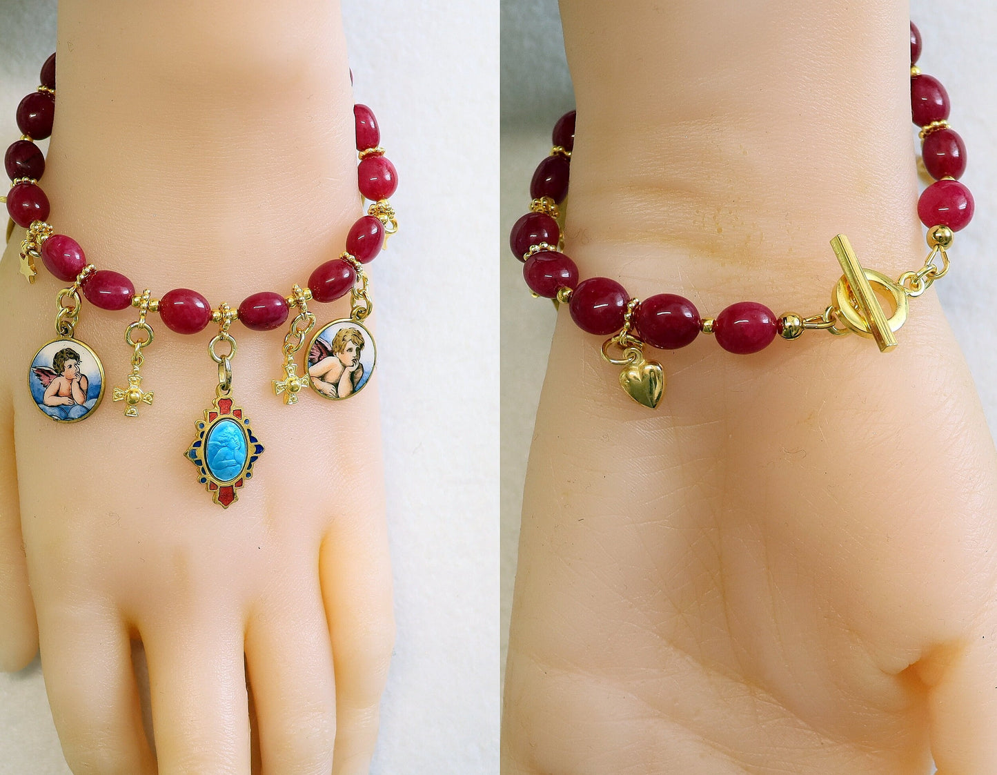 Ruby & Vermeil Bracelet, Vintage Enameled Raphael's Cherub angel Medals, Unique Religious Bracelet, Gold-plated Bracelet, Gift for her