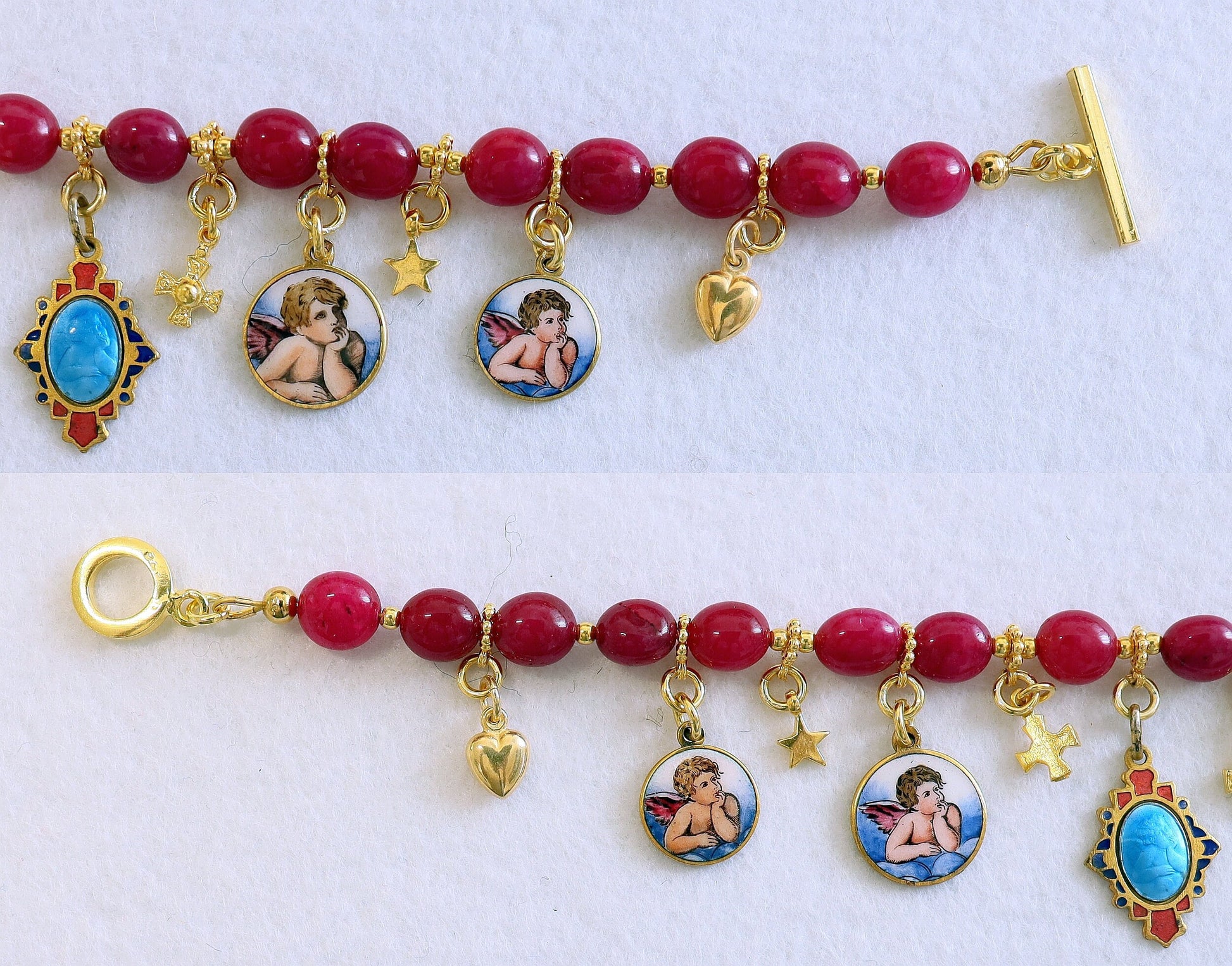 Ruby & Vermeil Bracelet, Vintage Enameled Raphael's Cherub angel Medals, Unique Religious Bracelet, Gold-plated Bracelet, Gift for her