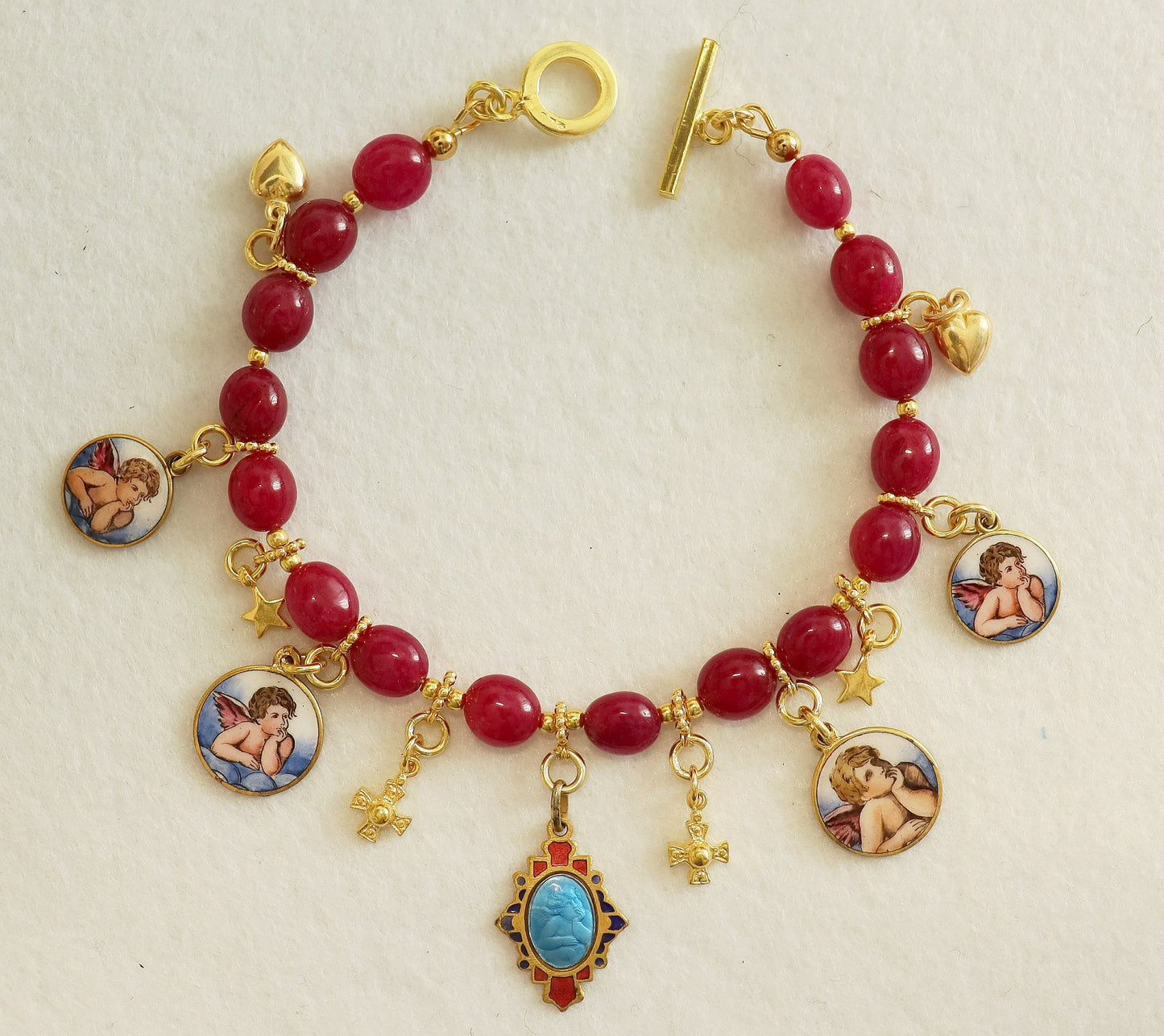 Ruby & Vermeil Bracelet, Vintage Enameled Raphael's Cherub angel Medals, Unique Religious Bracelet, Gold-plated Bracelet, Gift for her