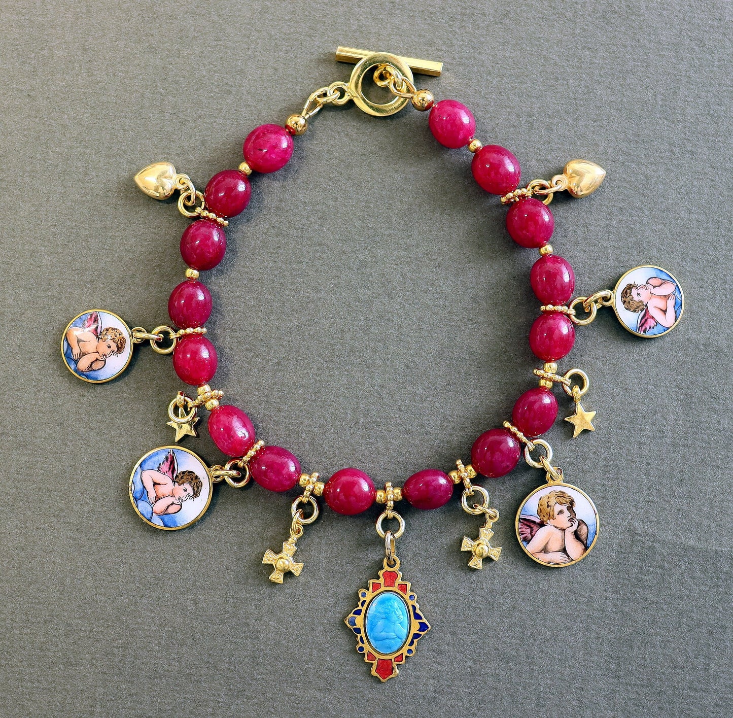 Ruby & Vermeil Bracelet, Vintage Enameled Raphael's Cherub angel Medals, Unique Religious Bracelet, Gold-plated Bracelet, Gift for her