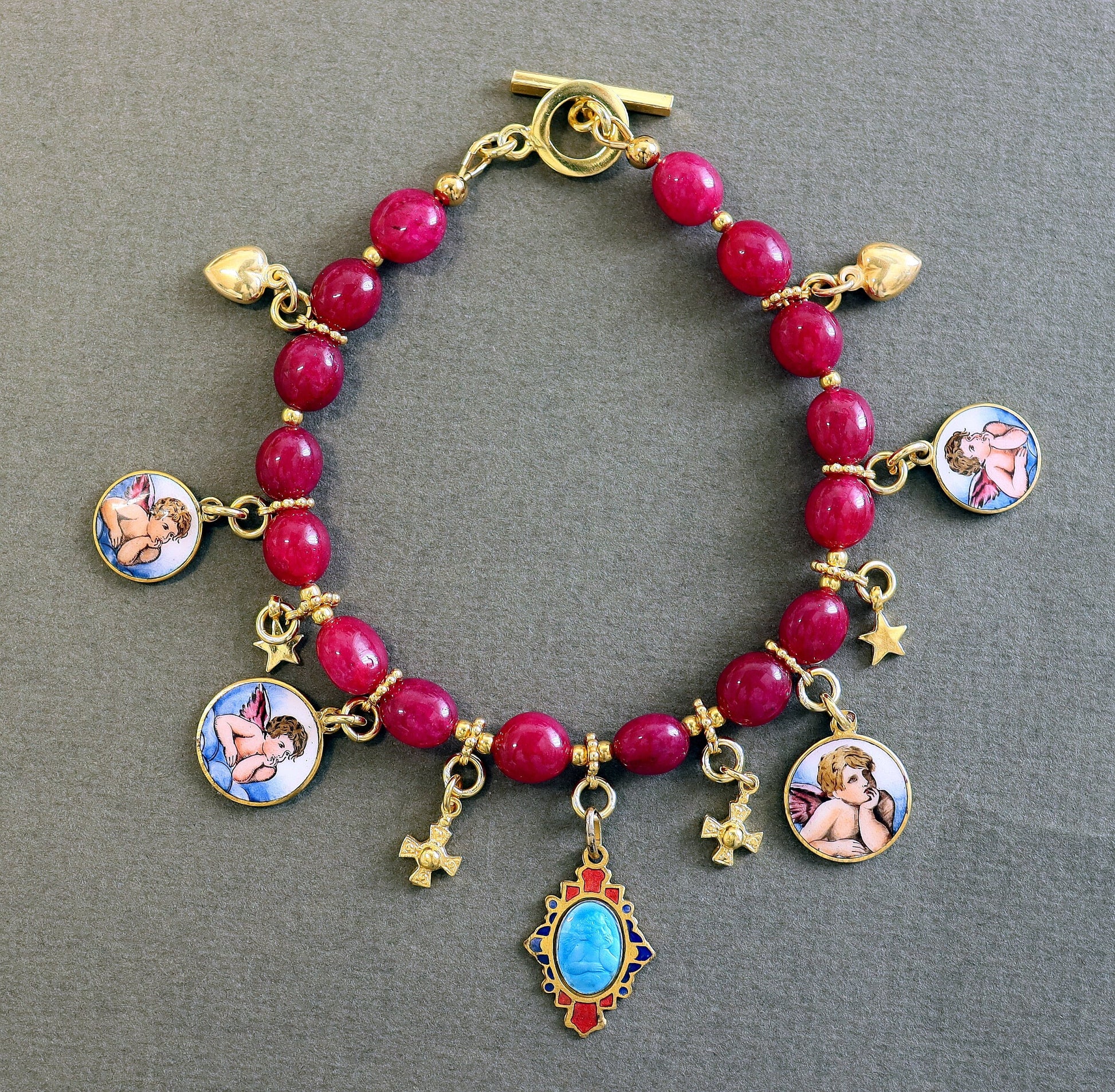 Ruby & Vermeil Bracelet, Vintage Enameled Raphael's Cherub angel Medals, Unique Religious Bracelet, Gold-plated Bracelet, Gift for her