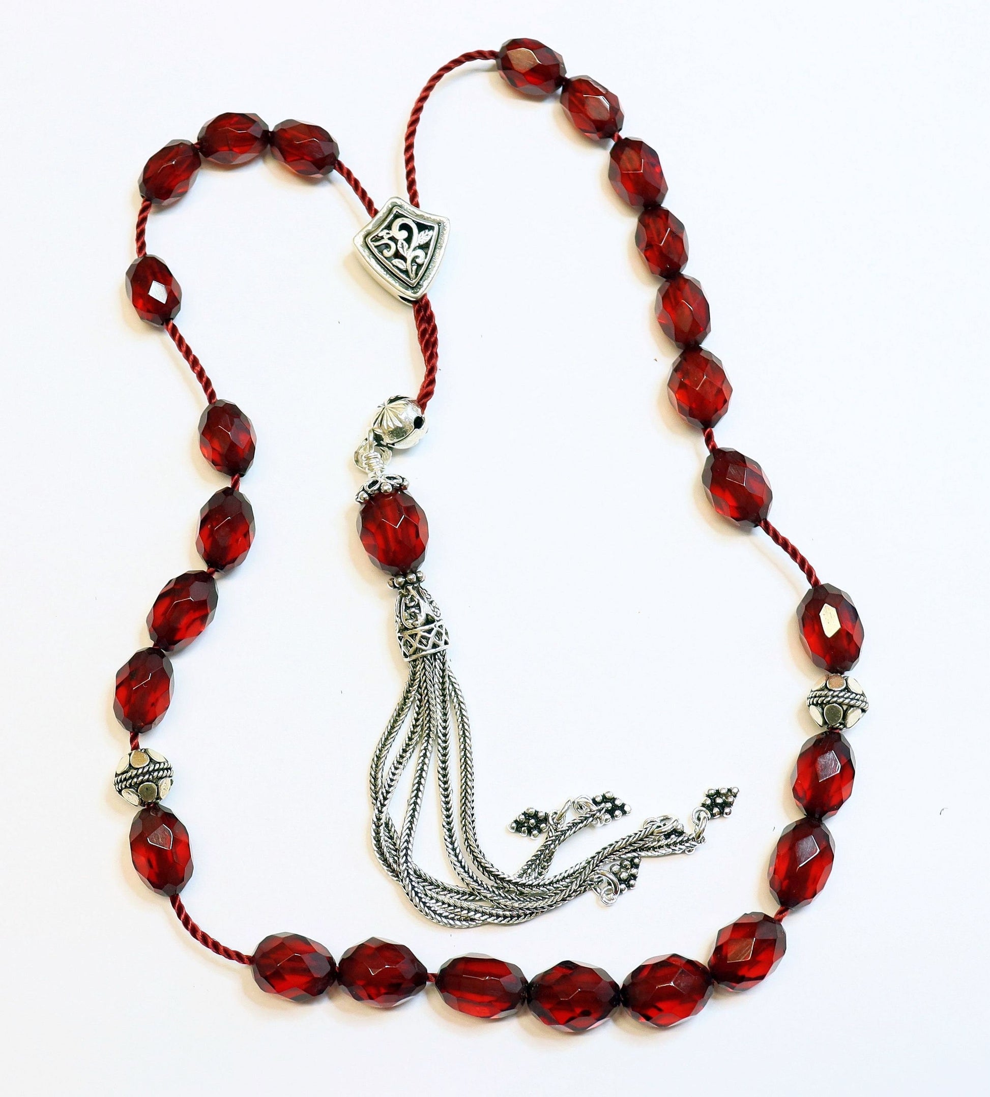Rare Diamond Greek Komboloi, Worry Bead Strand, 1930's Cherry Bakelite, Genuine Misbaha Stress Relief, Sterling Silver Tesbih, TESTED XXR