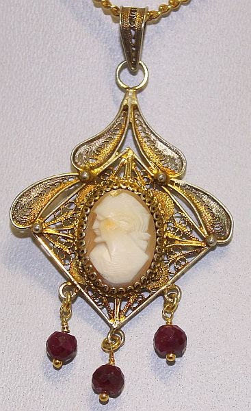 19 th Century Gilded Sterling Filigree Cameo Italian Pendant with Rubies