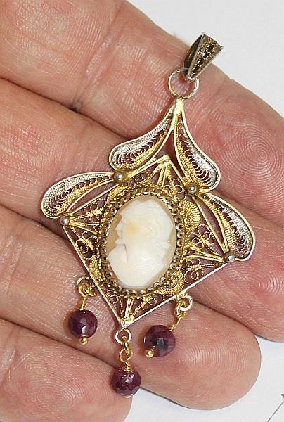 19 th Century Gilded Sterling Filigree Cameo Italian Pendant with Rubies