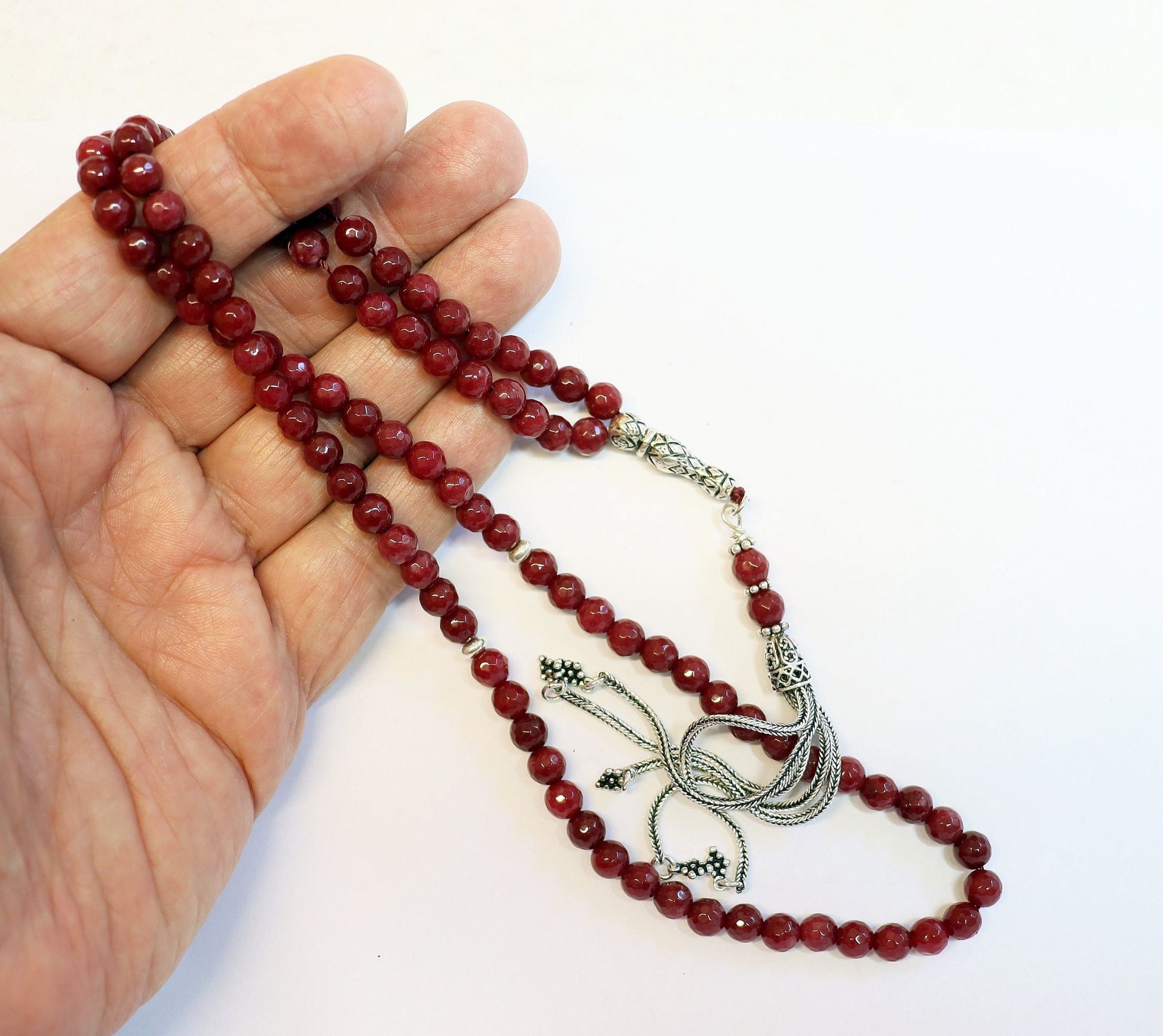 Islamic Prayer Beads Tesbih Rosary Gebetskette Genuine Faceted Ruby & Sterling Silver-99 Beads