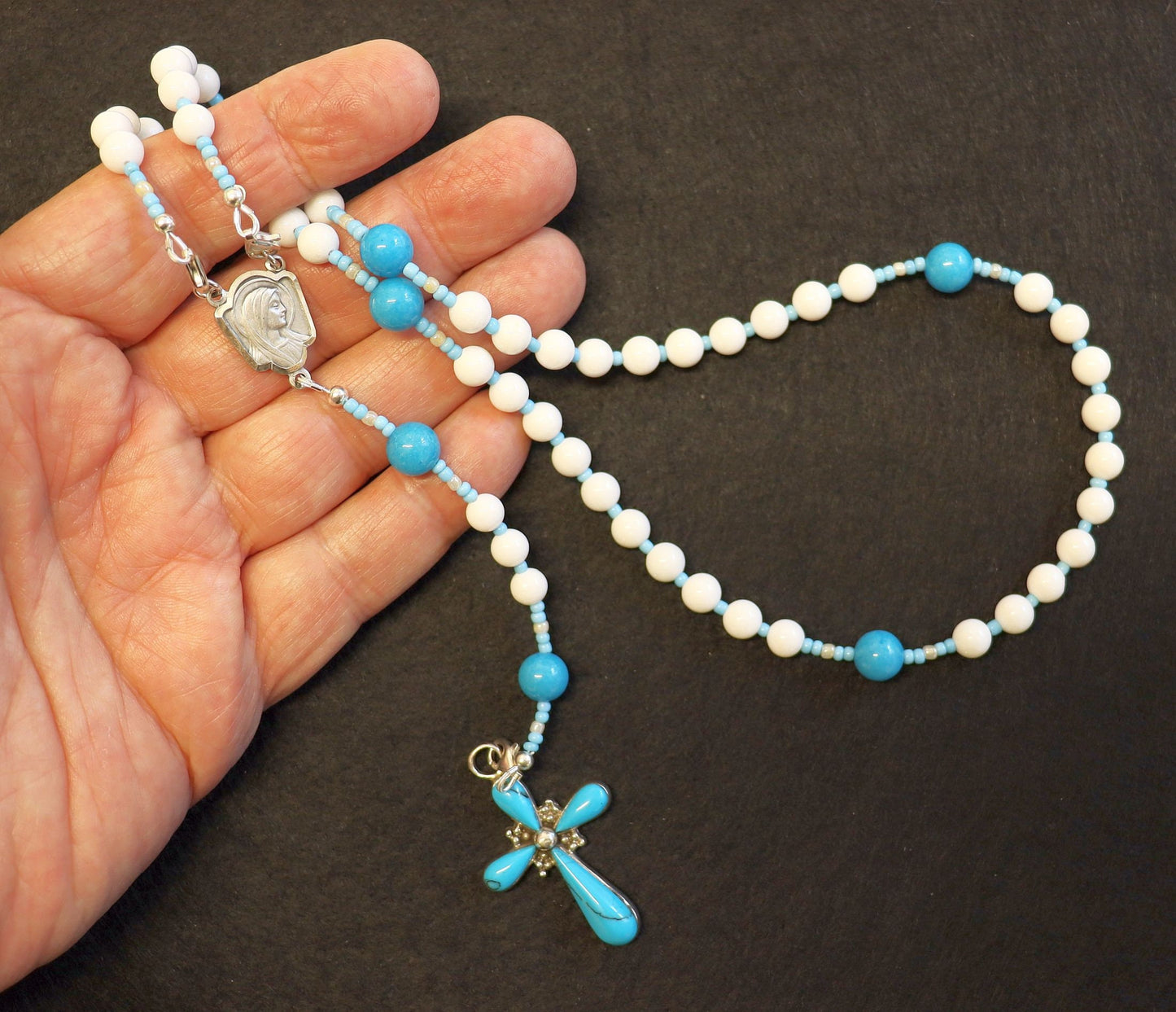 Transformable Catholic Rosary White Jade, Turquoise & Sterling Silver - 4 different uses -V. SPECIAL