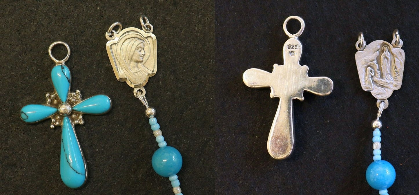 Transformable Catholic Rosary White Jade, Turquoise & Sterling Silver - 4 different uses -V. SPECIAL