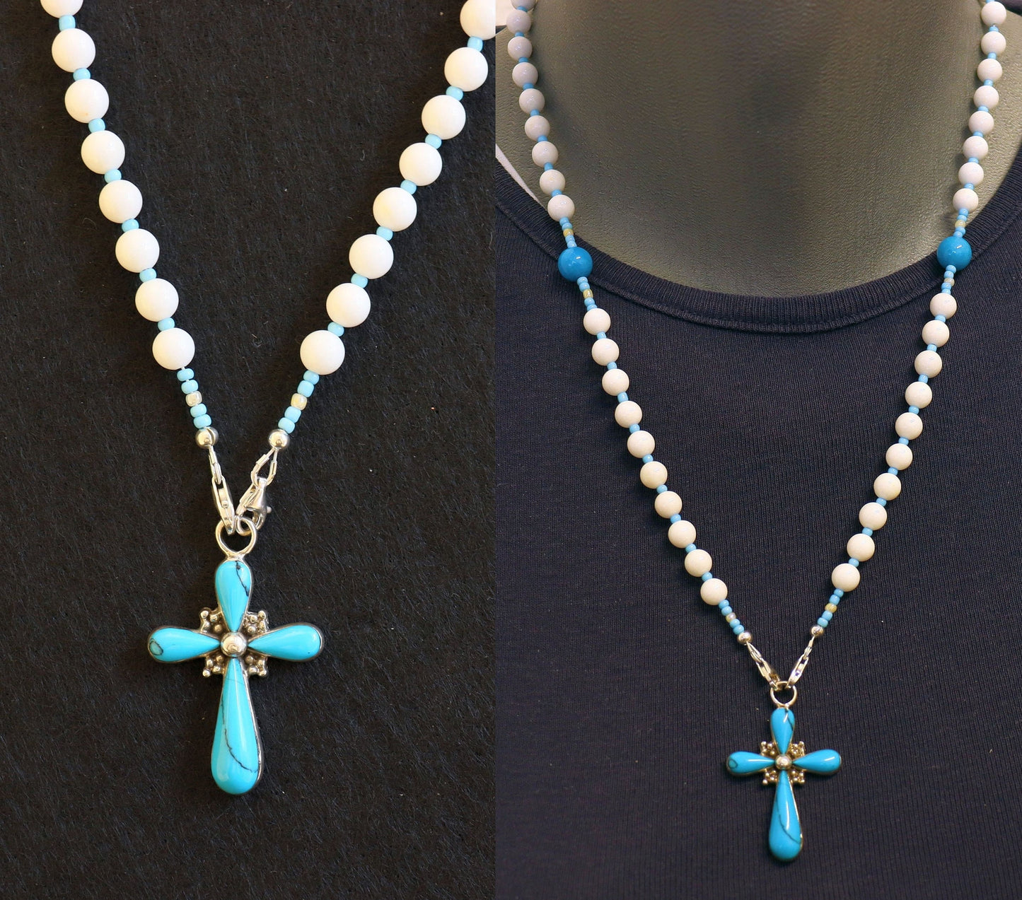 Transformable Catholic Rosary White Jade, Turquoise & Sterling Silver - 4 different uses -V. SPECIAL