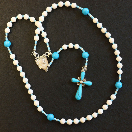 Transformable Catholic Rosary White Jade, Turquoise & Sterling Silver - 4 different uses -V. SPECIAL