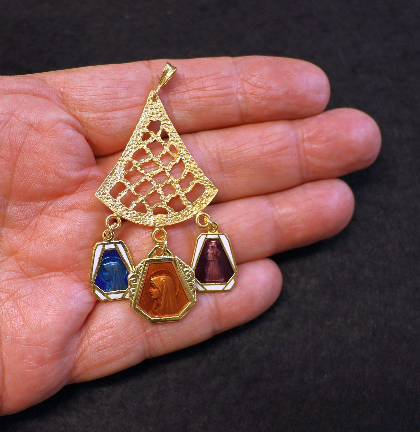 Vermeil Chandelier Pendant with 3 Vintage Rare Religious Enameled Medals - Chain Optional