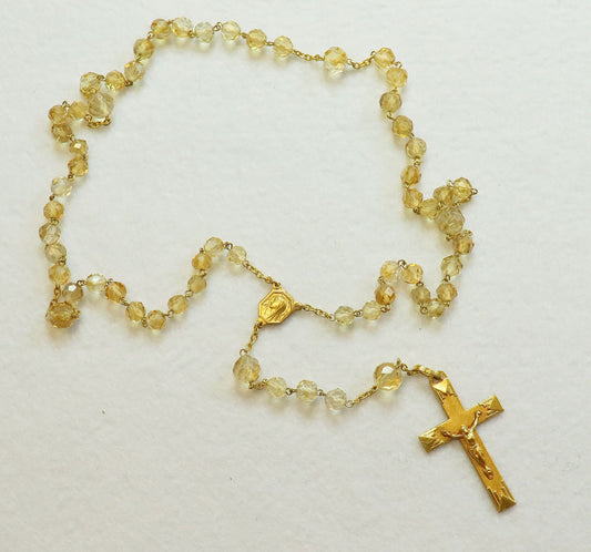 Vintage Citrine Crystal Gold Rolled Rosary, 1930s Hand-Faceted Beads, Old Religious Item, Catholic Prayer Beads, Unique Antique Jewelry