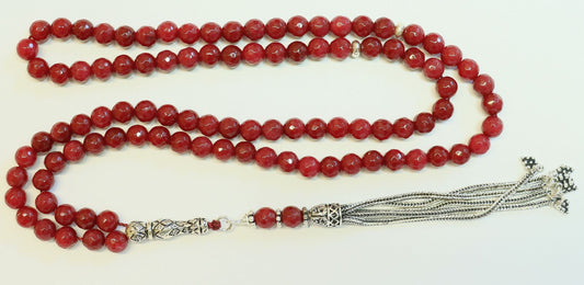 Islamic Prayer Beads Tesbih Rosary Gebetskette Genuine Faceted Ruby & Sterling Silver-99 Beads