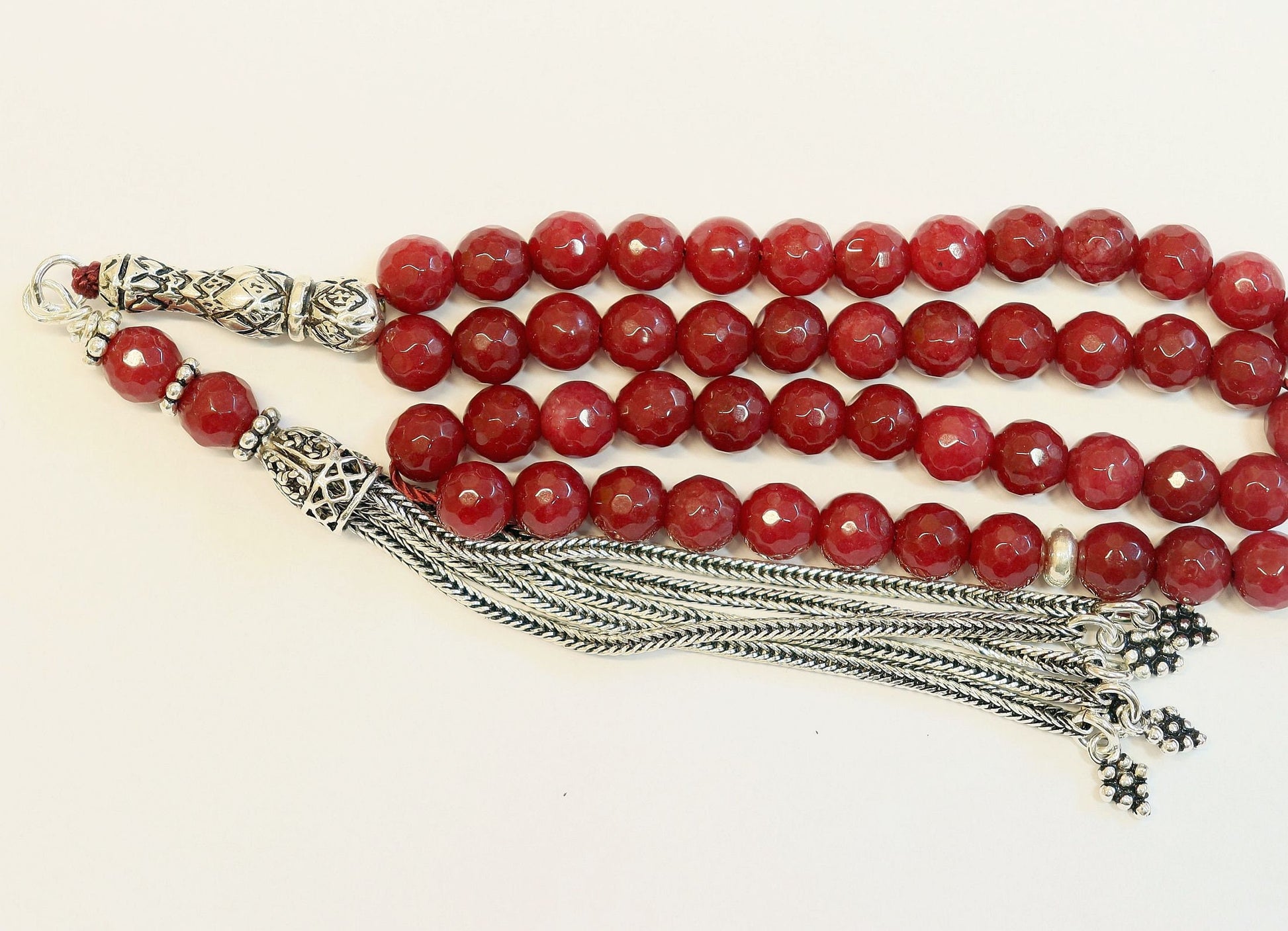 Islamic Prayer Beads Tesbih Rosary Gebetskette Genuine Faceted Ruby & Sterling Silver-99 Beads