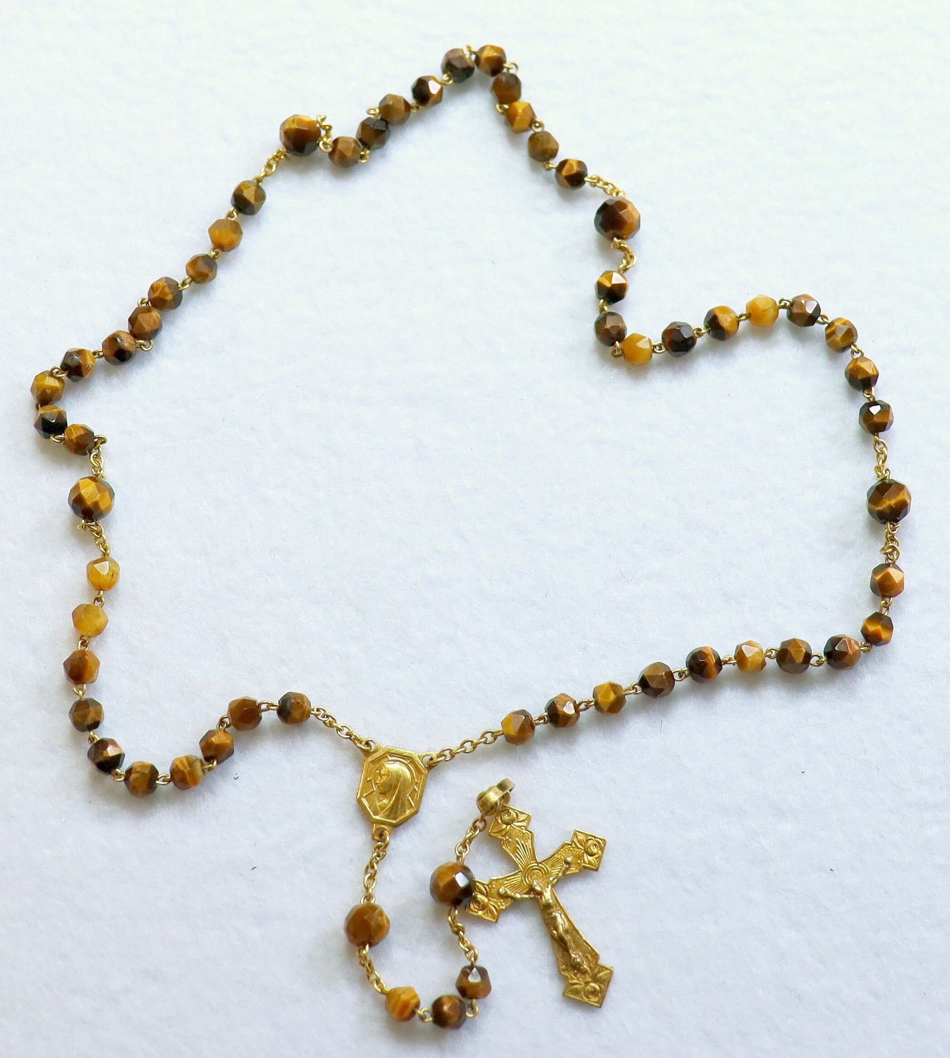 Vintage Tiger Eye Gold Rolled Catholic Rosary, Hand-Faceted Beads, 1930's Unique Vintage Religious Jewelry