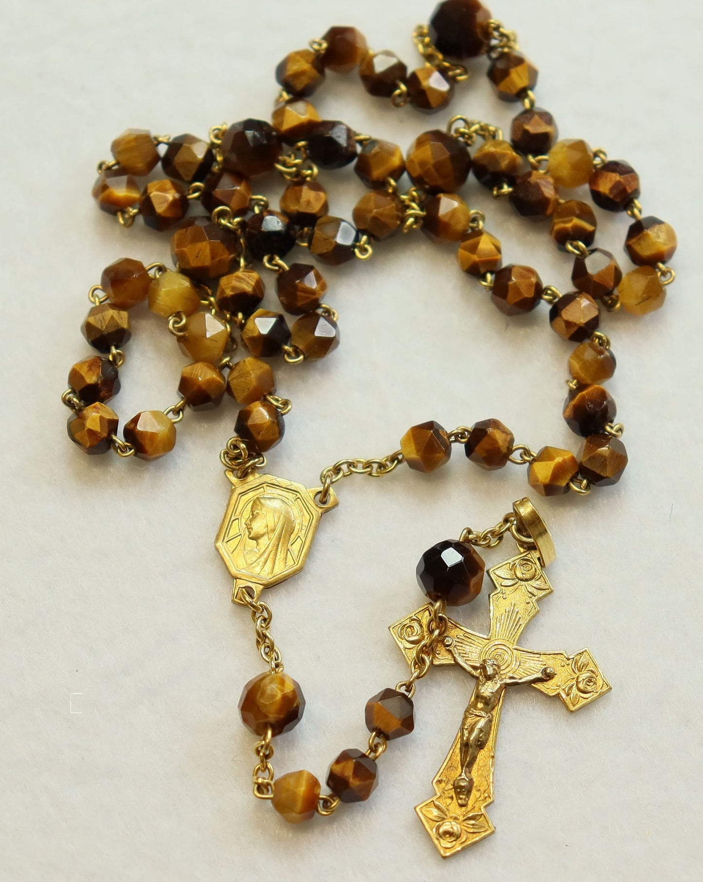 Vintage Tiger Eye Gold Rolled Catholic Rosary, Hand-Faceted Beads, 1930's Unique Vintage Religious Jewelry