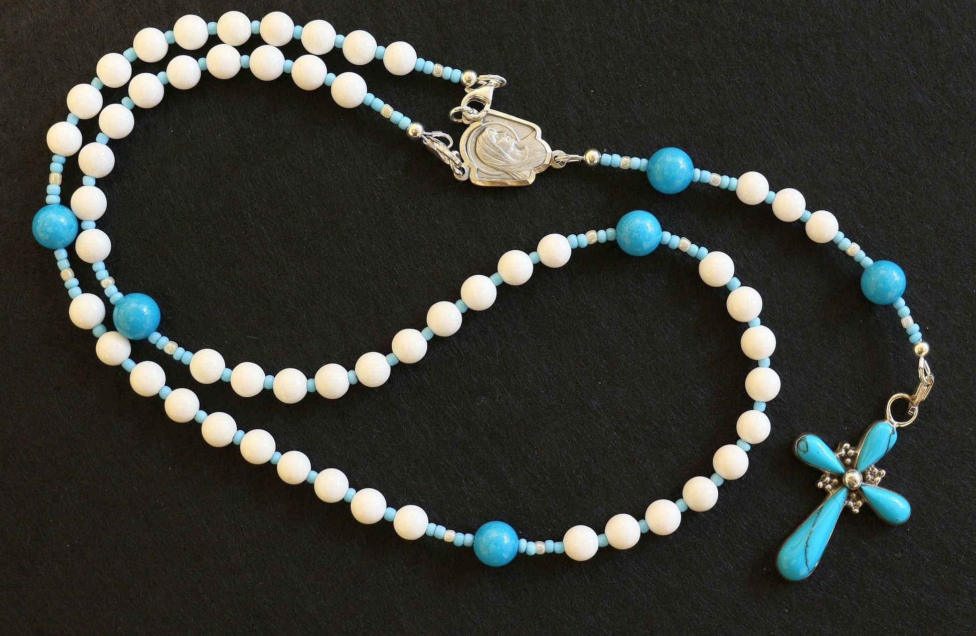 Transformable Catholic Rosary White Jade, Turquoise & Sterling Silver - 4 different uses -V. SPECIAL