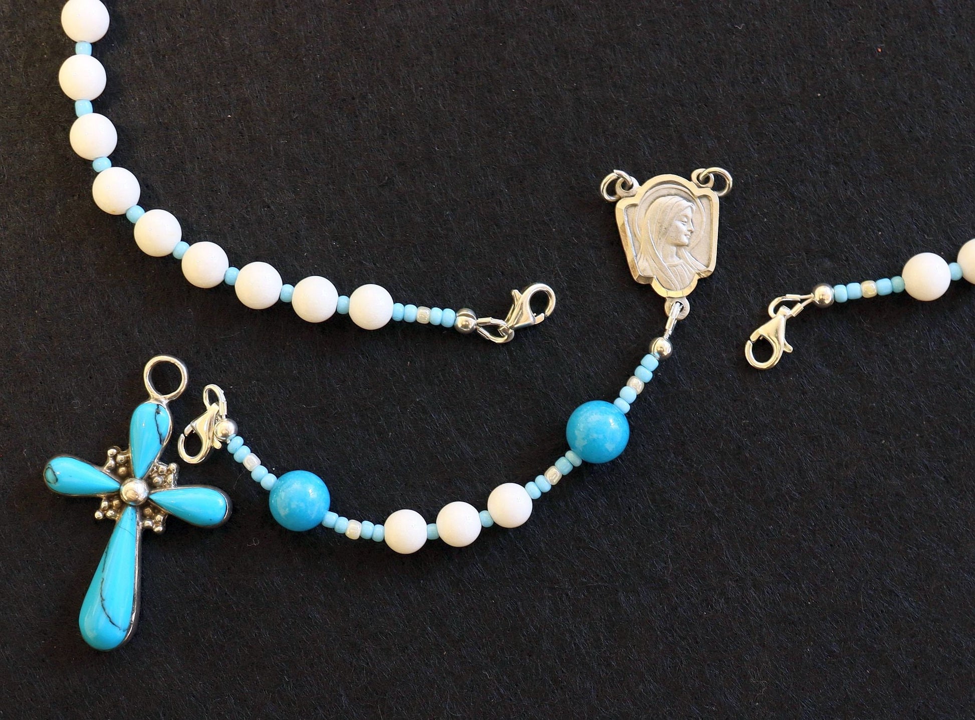 Transformable Catholic Rosary White Jade, Turquoise & Sterling Silver - 4 different uses -V. SPECIAL