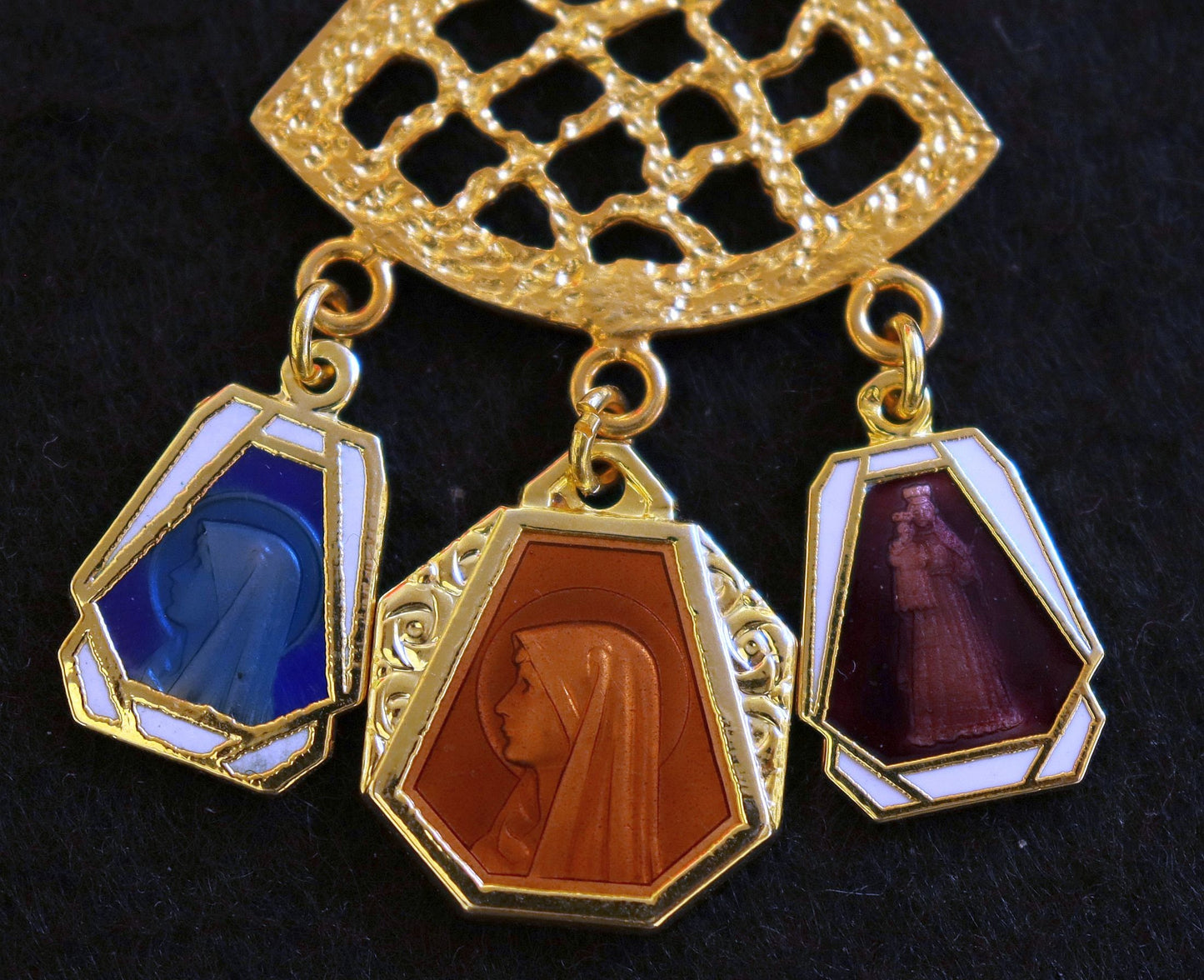 Vermeil Chandelier Pendant with 3 Vintage Rare Religious Enameled Medals - Chain Optional