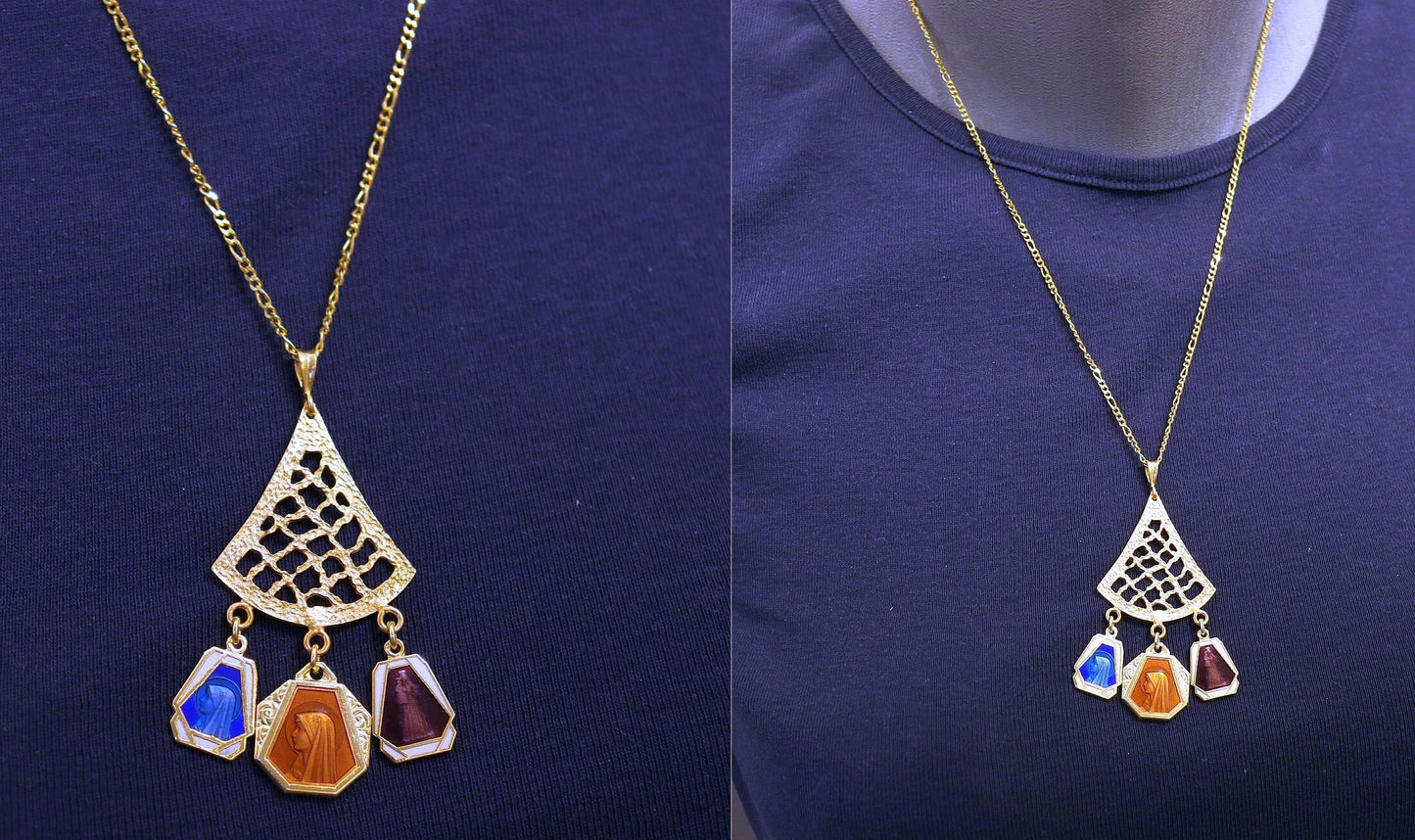 Vermeil Chandelier Pendant with 3 Vintage Rare Religious Enameled Medals - Chain Optional