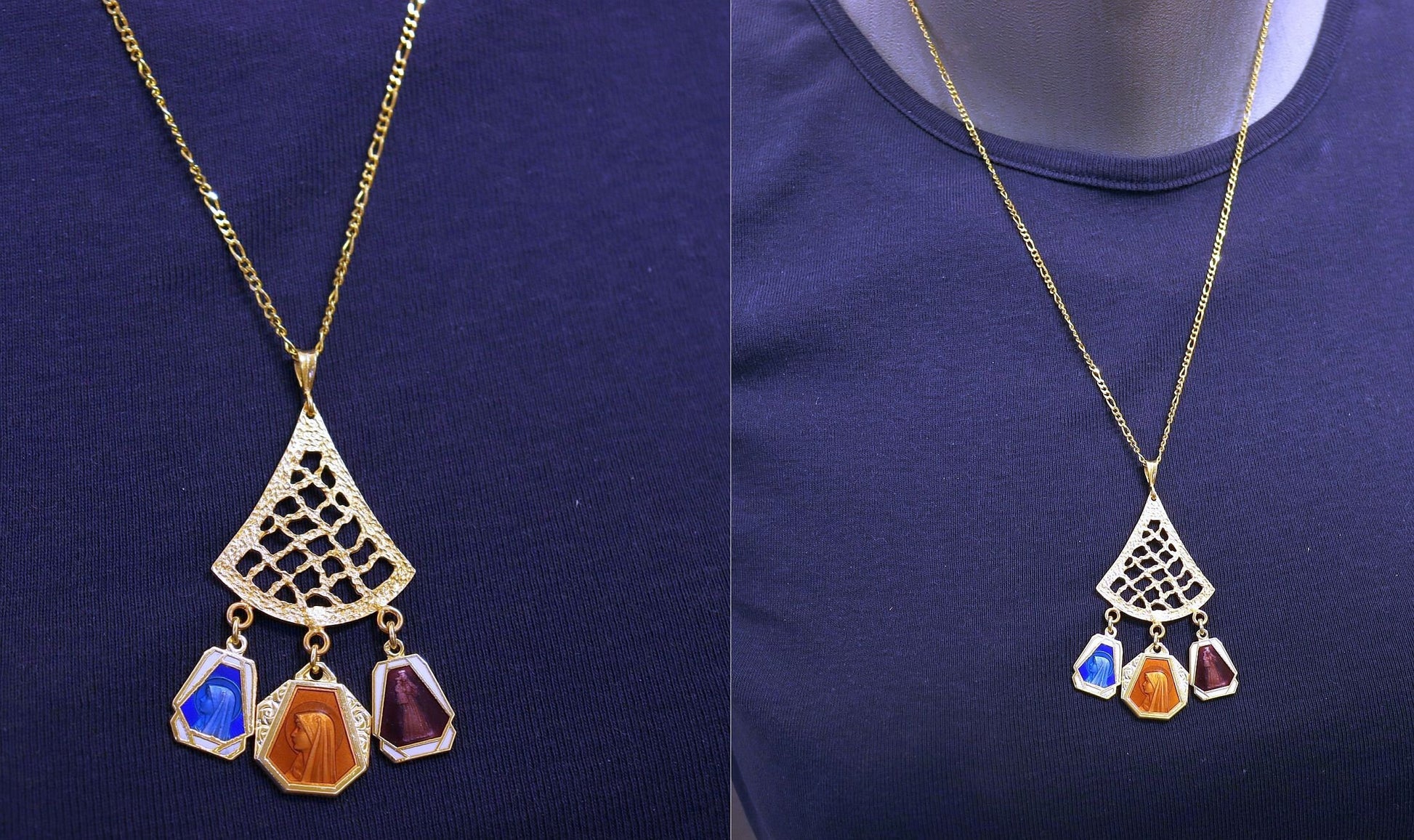 Vermeil Chandelier Pendant with 3 Vintage Rare Religious Enameled Medals - Chain Optional