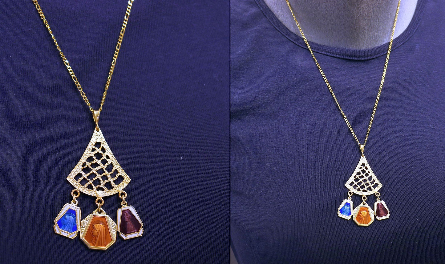 Vermeil Chandelier Pendant with 3 Vintage Rare Religious Enameled Medals - Chain Optional