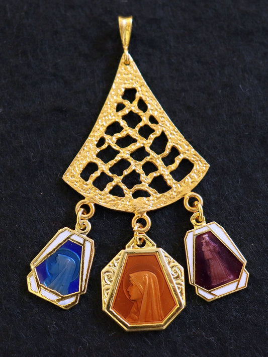 Vermeil Chandelier Pendant with 3 Vintage Rare Religious Enameled Medals - Chain Optional