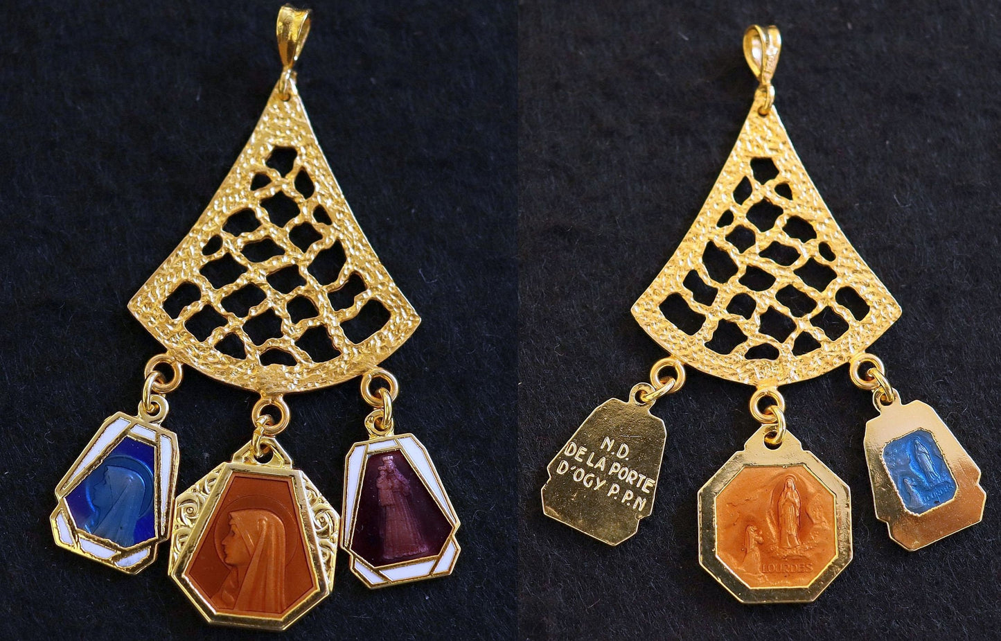 Vermeil Chandelier Pendant with 3 Vintage Rare Religious Enameled Medals - Chain Optional