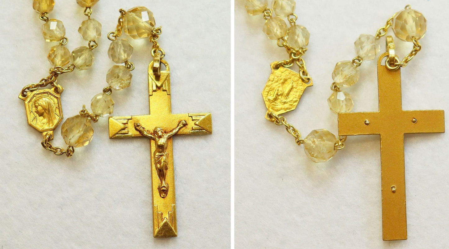 Vintage Citrine Crystal Gold Rolled Rosary, 1930s Hand-Faceted Beads, Old Religious Item, Catholic Prayer Beads, Unique Antique Jewelry