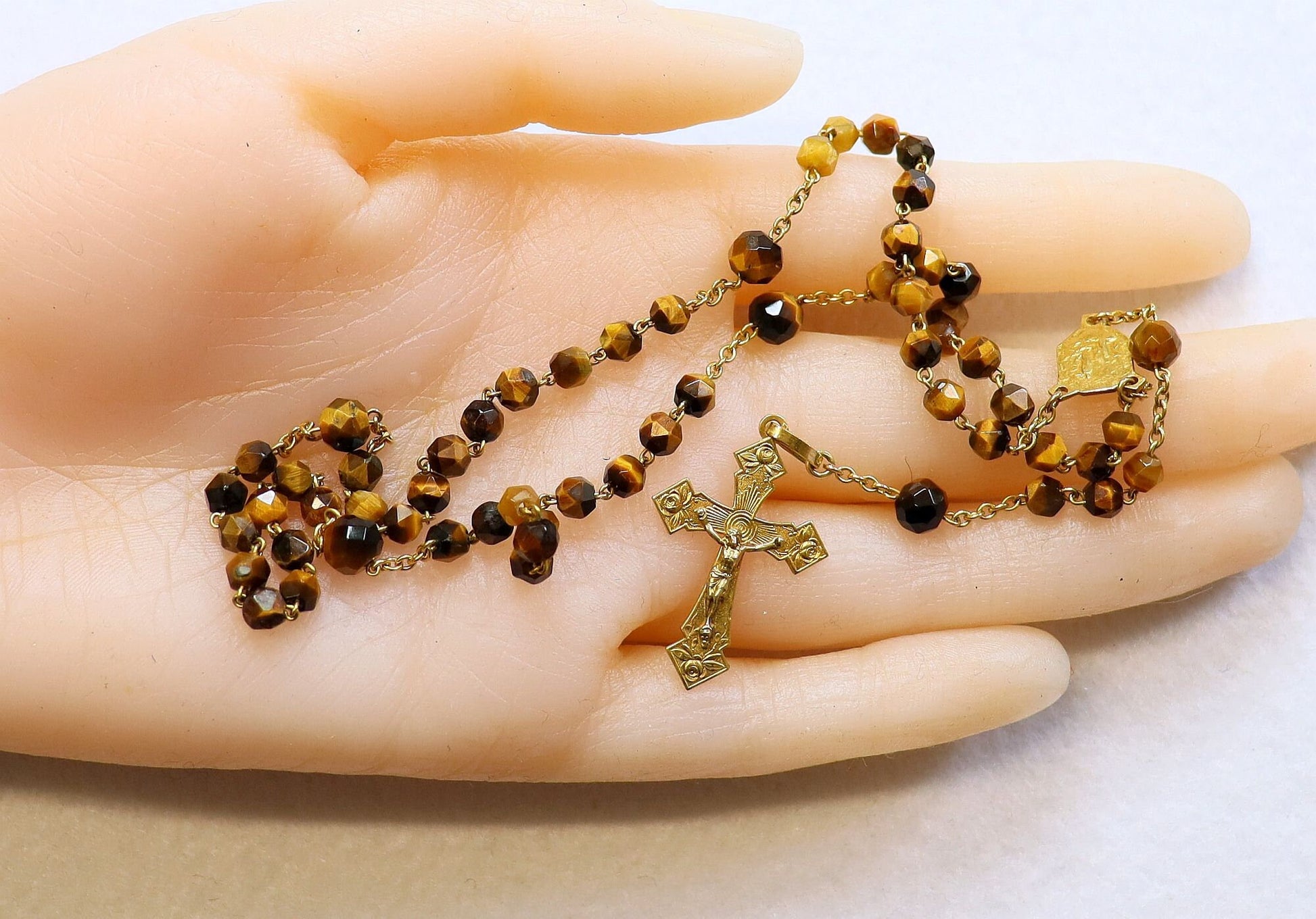 Vintage Tiger Eye Gold Rolled Catholic Rosary, Hand-Faceted Beads, 1930's Unique Vintage Religious Jewelry