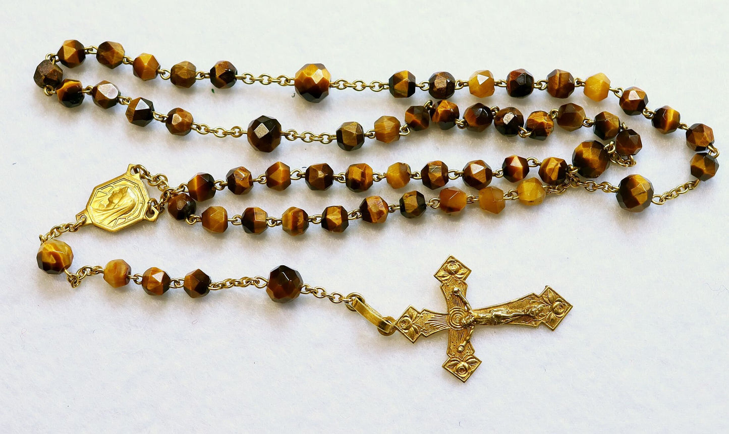 Vintage Tiger Eye Gold Rolled Catholic Rosary, Hand-Faceted Beads, 1930's Unique Vintage Religious Jewelry