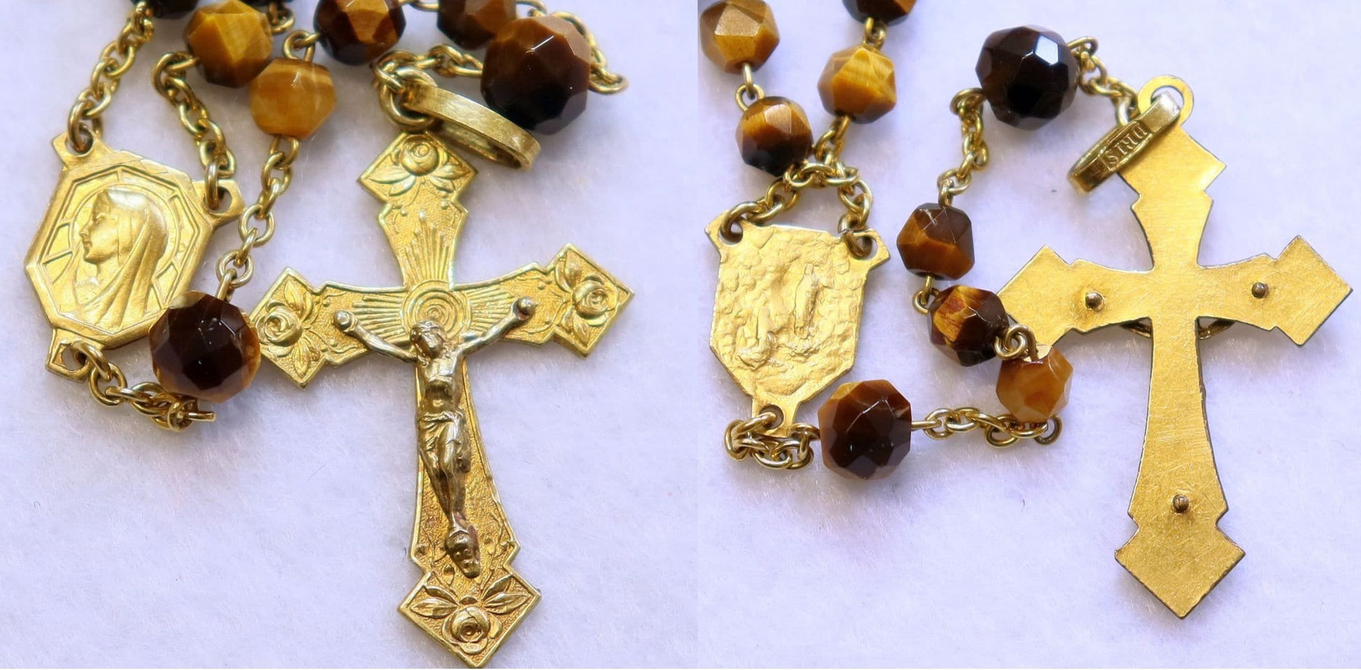 Vintage Tiger Eye Gold Rolled Catholic Rosary, Hand-Faceted Beads, 1930's Unique Vintage Religious Jewelry