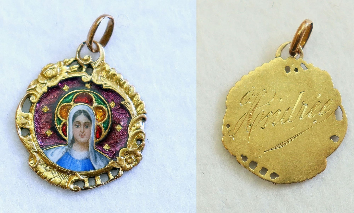 18 K. Solid Gold Hand Painted Polychrome Enameled Medal Pendant Virgin Mary Early 20th Cent. High Rarity