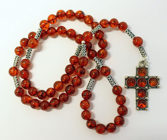 Catholic Rosary Prayer Beads Genuine Baltic Large Amber Beads & Sterling