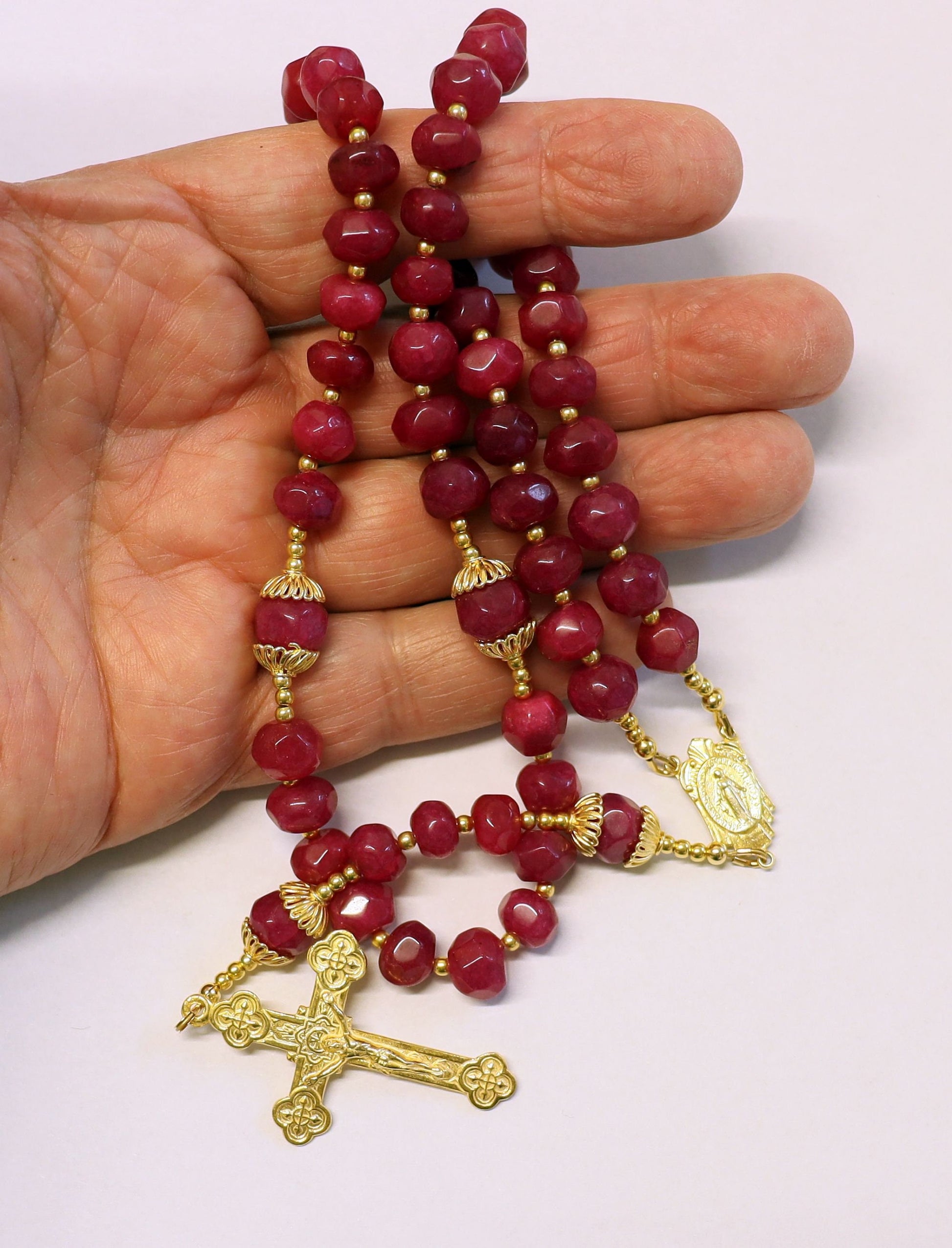 Catholic Rosary Genuine Faceted Ruby And Vermeil